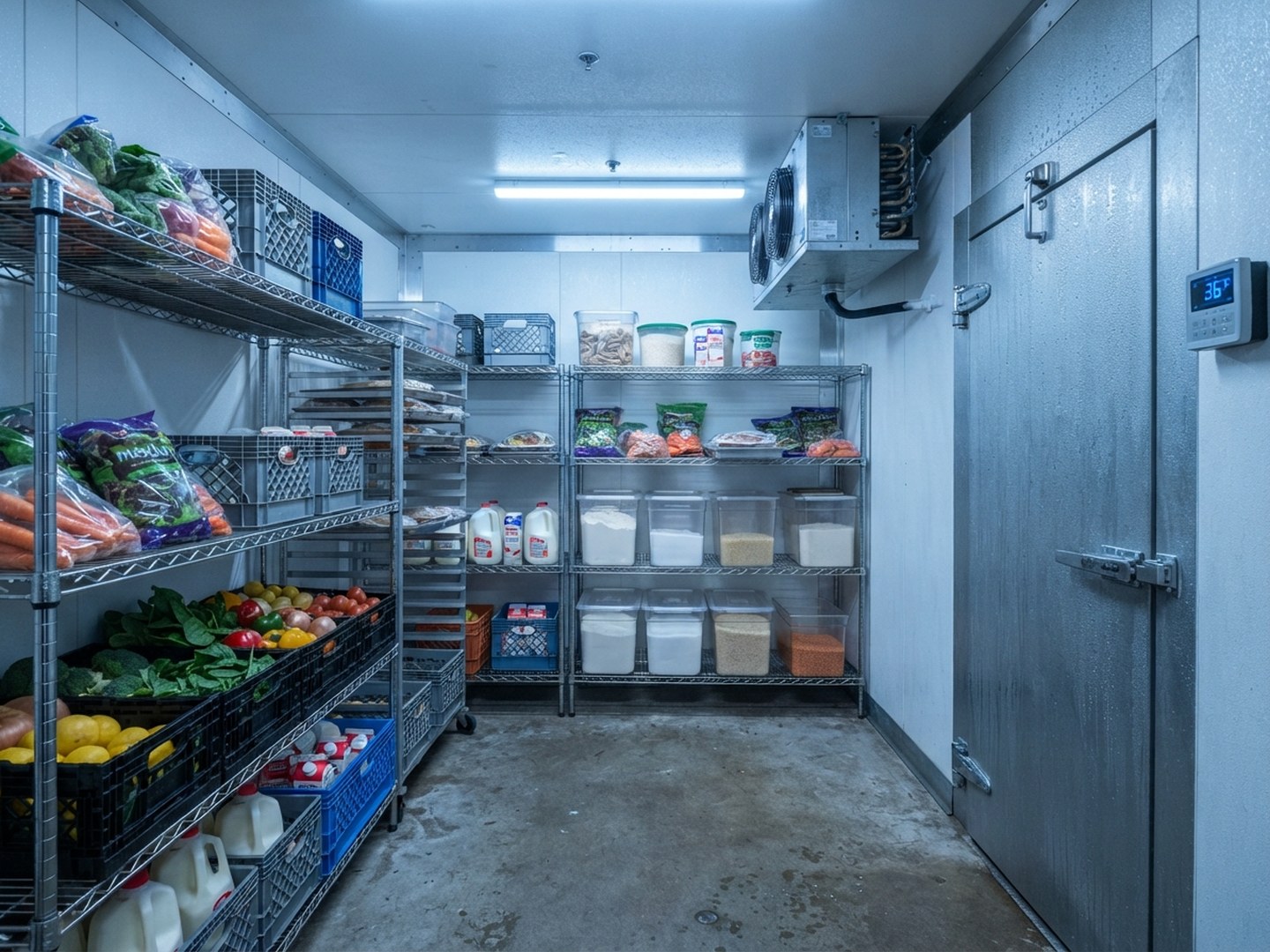 Commercial walk-in cooler refrigeration unit in a restaurant back-of-house