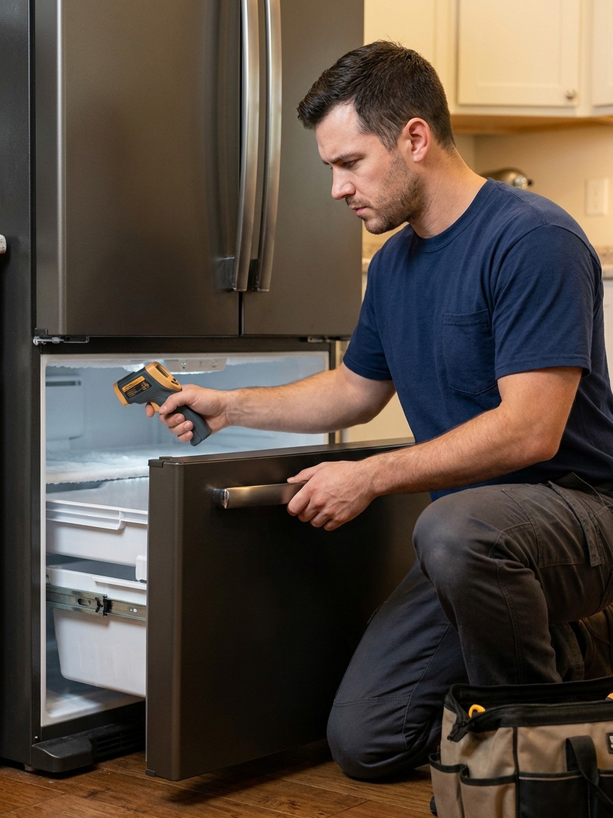 Emergency refrigerator repair technician servicing a home refrigerator in Atlanta