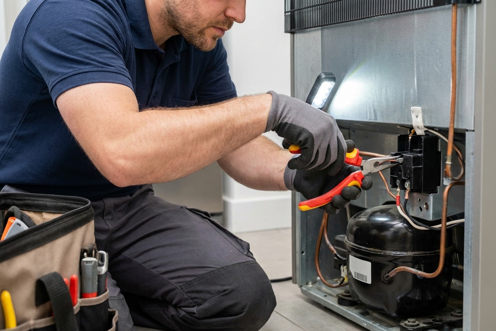 Close-up of an EPA 608 technician repairing a refrigerator component